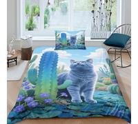 Juego De Funda Nórdica Gato Azul Ruso Juego De Cama con Diseño Cactus En 3D Microfibra con Cremallera Y Funda De Almohada para Niños Y Niñas Single(135x200cm)