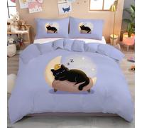 Juego de Funda Nordica Gato Negro Está Durmiendo Luna Juego de Cama 240x220cm y 2 Funda de Almohada 50x75 cm Ultra Suave Nordicas Edredon Tema Buenas Noches con Cremallera Oculta, Morado Lavanda