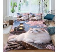 Juego De Funda Nórdica Gato Ragdoll Juego De Cama con Diseño Cherry Blossoms Tren En 3D Microfibra con Cremallera Y Funda De Almohada para Hombres Y Adultos King（220x240cm）