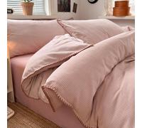 Juego de funda nórdica gris beige con rayas azules, 3 piezas de muselina teñida con hilo de algodón, juego de cama de algodón engrosado con rayas verticales, 4 piezas, incluye 1 funda nórdica y 2