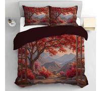 Juego De Funda Nórdica Hojas Rojas Montañas 3 Piezas, Funda Edredon 260x240cm Y 2 Fundas de Almohada, Vista De Ventana Pastoral Vintage Juego De Ropa Cama Microfibra Suave Transpirable con Cremallera
