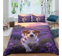 Juego De Funda Nórdica Jack Russell Terrier Juego De Cama con Diseño Campo de Lavanda en el Crepúsculo En 3D Microfibra con Cremallera Y Funda Almohada para Adultos Adolescentes King（220x240cm）