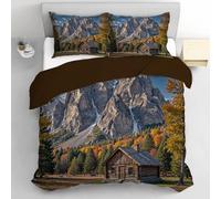 Juego De Funda Nórdica Montañas Prados Cabañas De Madera 260x240cm, Funda De Edredón Extra Suave con 2 Fundas de Almohada - Ropa De Cama Paisaje Otoñal Alpino - Juego De Cama Cómodo