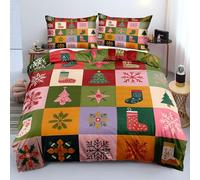 Juego de Funda Nórdica Navideña 200x200- Acogedor Juego de Cama de Microfibra Reversible con Diseño de Cuadros Vichy Rojos y Patchwork con Fundas de Almohada y Funda Nórdica con Cierre de Cremall