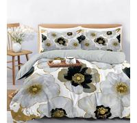 Juego de Funda nórdica Oro Reversible 155x220 cm, Funda Nordica con Estampado Amapola Blanca Y Negra, Ropa de Cama Suave Confortable Microfibra Estilo Mary-Mei-Gor, para niños y Adultos