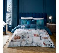 Juego de Funda nórdica Paoletti Starlight - Lujosa Ropa de Cama Winter Village con Ribete de satén de algodón de 200 Hilos (Azul Medianoche - Super King)