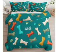 Juego de Funda Nórdica para Cama 105 Dibujo Animado Perro Hueso Huella De Pata Letra, Reversible Microfibra Suave 200 x 200 cm, 3 Piezas Funda de Almohada Ropa de Cama Juvenil Verde Oscuro