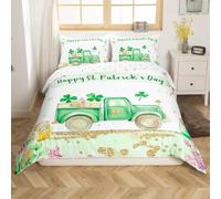 Juego de funda nórdica para el día de San Patricio, tamaño S, tréboles, granja, camión, impresión reversible, funda de edredón (no edredón), diseño de purpurina dorada, color morado, floral, poliéster