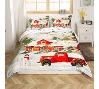 Juego de funda nórdica para niños de Feliz Navidad tamaño S, lindo muñeco de nieve cardenal Navidad reversible juego de ropa de cama rústica granja camión rojo impresión poliéster edredón cubierta