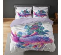 Juego de Funda Nórdica Pez Koi Arquitectura Paisaje Colorido, Ropa de Cama de Microfibra con Fundas de Almohada, Cierre de Cremallera Oculta y Reversible 180 x 220 cm