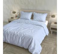 Juego de Funda nórdica Raso Cloe 100% Algodón Made in Italy - Funda 255x200 cm con Doble Solapa de 50 cm, 2 Fundas de Almohada 52x82 cm con 4 Volantes, Color Liso - Azul Claro