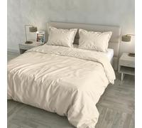 Juego de Funda nórdica Raso Cloe 100% Algodón Made in Italy - Funda 255x200 cm con Doble Solapa de 50 cm, 2 Fundas de Almohada 52x82 cm con 4 Volantes, Color Liso - Crema