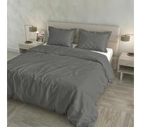 Juego de Funda nórdica Raso Cloe 100% Algodón Made in Italy - Funda 255x200 cm con Doble Solapa de 50 cm, 2 Fundas de Almohada 52x82 cm con 4 Volantes, Color Liso - Gris Oscuro