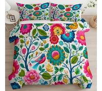 Juego de Funda nórdica Reversible Cama 90 para NiñOs, Ropa de Cama Microfibra 180 x 220 cm Retro Flores Ramas Pájaros Romance Funda EdredóN, 3 Piezas 2 Fundas de Almohada con Cremallera Verde
