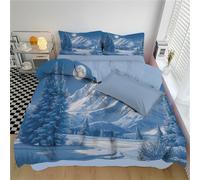 Juego de Funda Nórdica Reversible Paisaje Invernal Funda Edredon Cama 135/150 Montaña Nevada De Pino Fundas Nórdica 240x220cm con 2 Fundas de Almohada Suave y Transpirable, Azul Frío
