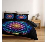 Juego de Funda Nórdica Reversible para Niños y Niñas, Diseño Flor De La Vida Arcoíris Ondas De Luz, Negro - Funda de Edredón para Cama 80/90 + Almohadas, Suave Transpirable, Moderno, 135 x 200 cm