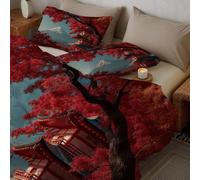 Juego de Funda Nórdica Rojo, Funda Nordica Microfibra Fácil de Lavar Fotografía De Paisajes Realistas, Suave y Transpirable Pagoda Hojas De Arce Monte Fuji 2 Piezas Ropa de Cama 135x200 cm