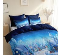Juego de Funda nórdica Temática Navideña Edificios Dibujos Animados, Cama 90-150 x 220 cm, y 2 Fundas Almohada, Azul Oscuro Microfibra Juego de Cama de 3 Piezas Transpirable, para niños y Adultos