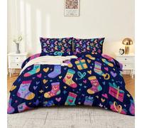 Juego de funda nórdica transpirable de 230 x 220 cm, diseño de calcetín de Navidad, estrella de corazón, funda de edredón de microfibra suave y fácil de cuidar, bonito juego de ropa de cama con cierre