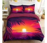 Juego de funda nórdica Tropical para atardecer de 4 piezas, de mar de palmera, microfibra, modelo de juego de magenta con 2 fundas de almohada y 1 sábana bajera de 240 x 220 cm