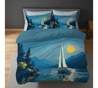 Juego de Funda Nórdica Velero Luna Paisaje Azul, Ropa de Cama de Microfibra con Fundas de Almohada, Cierre de Cremallera Oculta y Reversible 220 x 240 cm