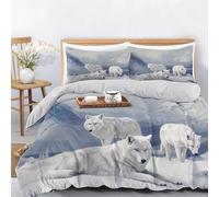 Juego de Funda Nórdica Vida Silvestre Realista, Suave Microfibra Lobos Campos De Nieve Montañas Estampado Funda de edredón, transpirable Blanco Juego de cama 135x200 cm con Fundas de Almohada 50x70 cm