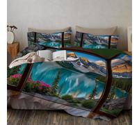 Juego De Funda Nordica Vista Desde La Ventana Montañas Lago, Microfibra Suave Transpirable 3 Piezas | Juego De Funda Edredónes Magnífica Vista A La Montaña 260x240cm Y con 2 Fundas de Almohada, Azul