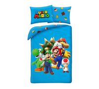 Juego de funda nórdica y funda de almohada, color azul Super Mario, 135 x 200 cm + 80 x 80 cm, con Mario, Luigi, Toad, Peach, Wario & Yoshi, talla alemana