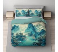 Juego de Funda Nórdica y Funda Edredón en Microfibra Súper Suave y Transpirable - Antipliegues y Cremallera Oculta Cama Super King 260 x 240 cm Azul, Acuarela Río Montañas