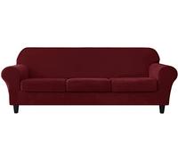 Juego de fundas elásticas de terciopelo rojo vino, 4 piezas, colección de protectores de muebles para sofá de 3 plazas, incluye 3 fundas de cojín de asiento separadas, suaves y elegantes para