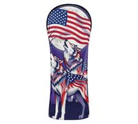 Juego de fundas impermeables para palos de golf con etiquetas intercambiables para maderas y conductores, diseño de lobo híbrido del 4 de julio, bandera de Estados Unidos, lobos aullando bajo la luna