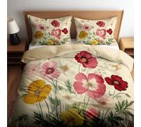 Juego de Fundas Nórdicas Suave 3 Piezas para Cama 135/150 - Amapola Floral Y Cosmos Patrón Funda Edredón Poliéster Algodón 220 x 240 cm + 2 Funda de Almohada 50x75, Patrón Moderna de Estampado, Marrón