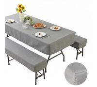Juego de Fundas para Mesas y Bancos de Cerveza 3 Pcs 100% Poliéster de 150 GSM Opacas Manteles para Conjuntos de Catering 220x70 Exterior Cubre Mesas de Picnic con Costura Doble de Caída Recta Gris