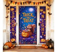 Juego de fundas para puerta de bienvenida con diseño de ardilla, calabazas festivas, caramelos, Halloween, violeta, día festivo, porche, fiesta, puerta, decoración para entrada delantera, fiesta