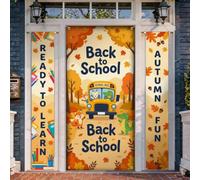 Juego de fundas para puerta de bienvenida de autobús de campus, hojas de otoño juguetonas, animales, otoño, amarillo, vacaciones, porche, fiesta, telón de fondo para puerta delantera, entrada, entrada