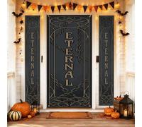 Juego de fundas para puerta de bienvenida eterna, estilo gótico, elegante, calabazas, murciélagos, Halloween, negro, día festivo, porche, colgante, pancarta decorativa para casa, al aire libre