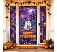 Juego de fundas para puerta de bienvenida fantasma, calabazas espeluznantes, caramelos, Halloween, violeta, día festivo, porche, puerta, pancarta decorativa para entrada delantera, entrada, exterior