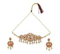 Juego de gargantilla tradicional india para novia, chapado en oro, gotas de perlas, adornos de piedra roja y verde, diseño floral con pendientes a juego