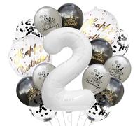 Juego de globos blancos del número 2 para decoración de cumpleaños número 2, globos de látex de aluminio de estrella negra y gris de 18 pulgadas, globos redondos de feliz segundo cumpleaños