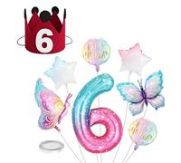 Juego de globos coloridos de 8 piezas, 1 sombrero de cumpleaños número 6, globo de 6º cumpleaños, globo de mariposa, globo rosa degradado, adecuado para decoración de fiesta de cumpleaños de niñas
