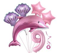 Juego de globos con delfines, noveno cumpleaños, niña, color rosa, cumpleaños para niños, niña, cumpleaños, globo con delfines, 9 años, decoración de cumpleaños en el océano, 9 años, XXL, número 9, gl