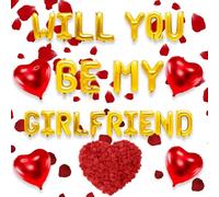 Juego de globos con letras "Will You Be My Girlfriend" - Globos en forma de corazón - Pétalos de rosa - Decoraciones para San Valentín y confesiones (dorado)