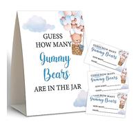 Juego de globos de aire caliente para baby shower, adivina cuántos osos de gomita, decoraciones de oso baby shower, decoraciones de baby shower, decoración de género neutro, decoración de oso de goma, centros de mesa de baby shower, 50 tarjetas de adivinación y 1 cartel -11