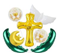 Juego de globos de aluminio de primera comunión, 7 globos temáticos religiosos con alas de ángel, luna y estrella, y diseños de copa Prima Comunione para la santa comunión, bautizo, decoraciones de