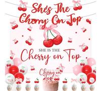 Juego de globos de cereza, Ella es la cereza en la parte superior, pancarta con purpurina, pastel de cereza, cupcake, tops, para niña bonita, fruta, cumpleaños, baby shower, compromiso, fiesta