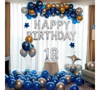 Juego de globos de cumpleaños azul, dorado y plateado, con banderas Happy Birthday de 16 pulgadas, globos de látex de 10 pulgadas, estrellas y decoraciones, kit completo para fiestas (número 34)