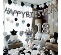Juego de globos de cumpleaños de plata y negro, con texto "Happy Birthday" de 16 pulgadas, número 18, estrella, corona, 10 pulgadas de látex blanco, negro plateado, con pegamento y cinta (número 18)