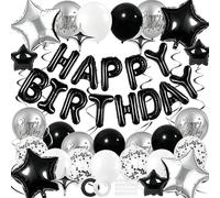 Juego de globos negros y plateados para decoración de fiesta de cumpleaños, pancarta de feliz cumpleaños con globos de confeti de estrella, remolinos colgantes para hombres, niños, niñas y mujeres