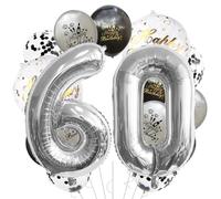 Juego de globos plateados con el número 60, globos de látex de aluminio de estrella negra y gris, 45,72 cm, decoración de fiesta de 60 años, suministros de fiesta para niños y niñas