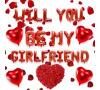 Juego de Globos y Cartas "¿Quieres ser mi Novia?", Corazón, Pétalos de Rosa, Decoraciones para la Propuesta de Matrimonio para el Día de San Valentín, Confesión (Rojo)